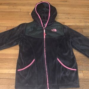 Girls kids Fuzzy Pink and charcoal north face zip up